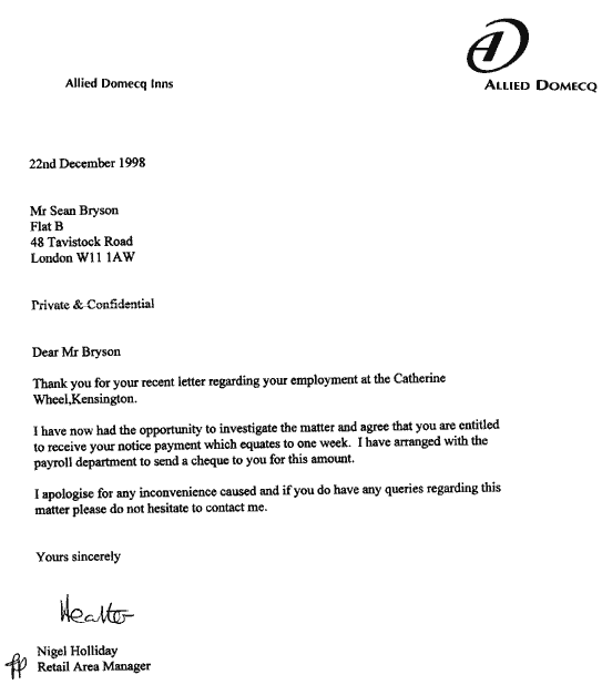 Thank you for your recent letter regarding your employment at the Catherine Wheel, Kensington