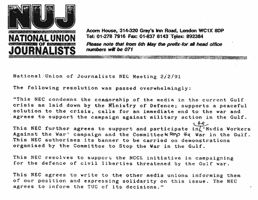 National Union of Journalists NUJ Stop the War in the Gulf / Gulf War / Israel Palestine / Iraq Kuwait