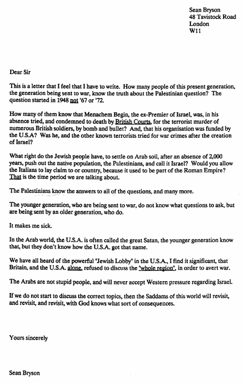 The Protest Letter Gulf War / Israel Palestine / Iraq Kuwait