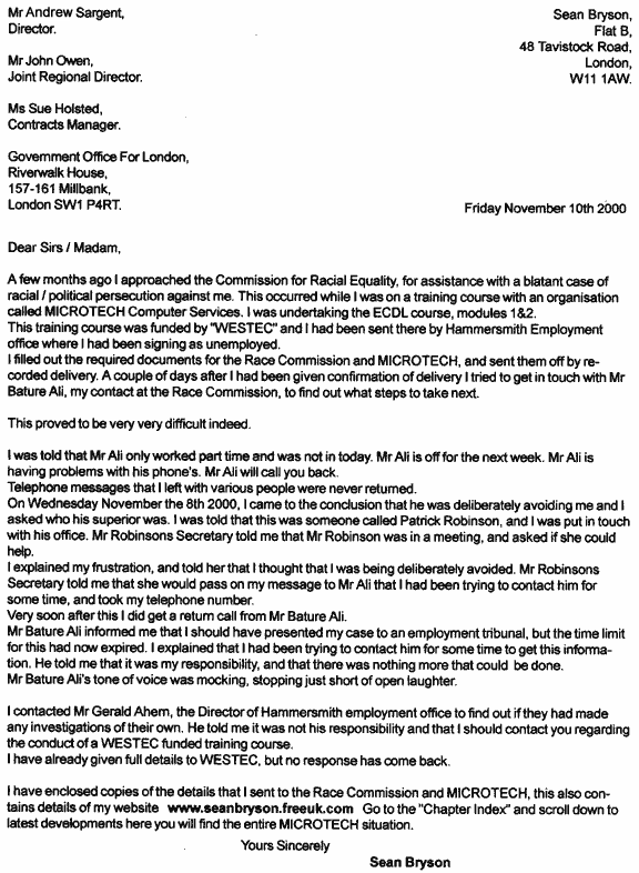 Microtech Computer Services - Result from the Race Commission And request to the Government Office for London